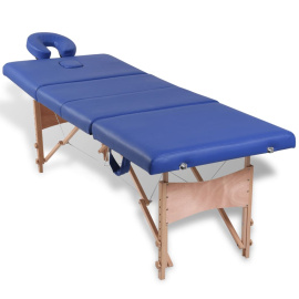 Modrý skládací masážní stůl se 4 zónami a dřevěný rám