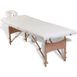 Krémově bílý skládací masážní stůl se 4 zónami a dřevěný rám