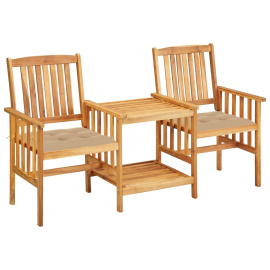 vidaXL Zahradní židle s čajovým stolkem a poduškami masivní akácie (3061293)